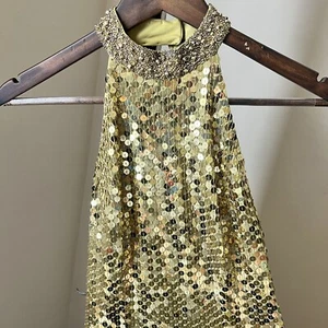 Abito paillettes oro Cache con perline collo alto impreziosito schiena aperta taglia 4 - Foto 1 di 8