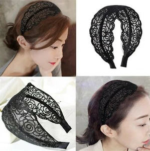 Women Retro Black Rose Lace Wide Hair head band Headband Hoop bandana - Picture 1 of 3