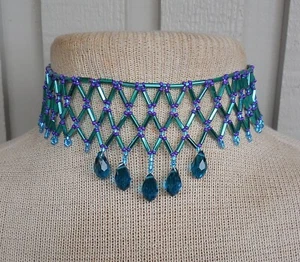Netted Weave Beaded Adjustable Choker Necklace in Teal Green, Purple, Aqua Blue - Picture 1 of 8