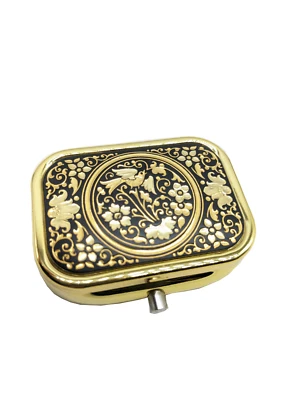 Vintage Damascene Spanish rectangular pill box from Spain 24K Gold & Steel Birds - Image 1 of 4