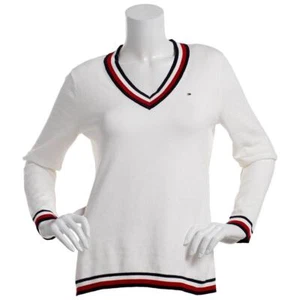 Tommy Hilfiger Women's Contrast-Trim V-Neck Sweater - Ivory Multi Size Small - Picture 1 of 2