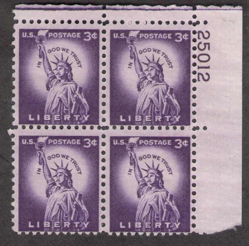 US. 1035e. 3c. Statue of Liberty, Wet Printing. PB4 #25012 UR. MNH. 1954 - Image 1 of 2