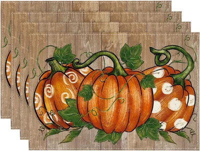 Artoid Mode Polka Dot Pumpkins Vine Thanksgiving Placemats Set of 4, 12X18 Inch - Image 1 of 4