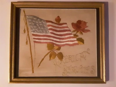 Vintage PATRIOTIC Handmade Embroidery-- Flag & Roses"American Beauties"- Framed - Image 1 of 4