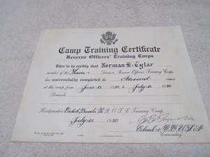 1930 LAGERAUSBILDUNGSZEUGNIS RESERVEOFFIZIERSAUSBILDUNGSKORPS (ROTC) - N. TYLER - Bild 1 von 3