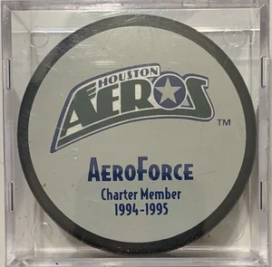HOUSTON AEROS IHL HOCKEY PUCK, AEROFORCE CHARTER MEMBER 1994-1995, NEU, IM ETUI - Bild 1 von 2