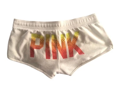 VICTORIAS SECRET PINK SPELL OUT WHITE MICRO SHORTS SIZE MED. WITH BLING HTF 2012 - Image 1 of 4