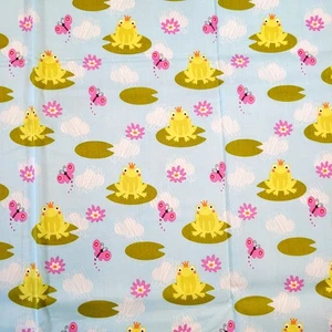 Cotton Fabric Frogs Lilies Butterflies 1 Yard 36" x 44" Blue Green Kidcore - Picture 1 of 9