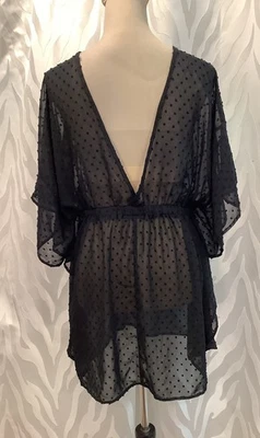 Women’s Sheer Black French Dot V Front Back Kimono Sleeve Top Plus Size 2X - Image 1 of 4