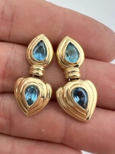 Vintage 14K Yellow Gold Pear Shaped Blue London Blue Topaz Dangle Earrings - Picture 1 of 4