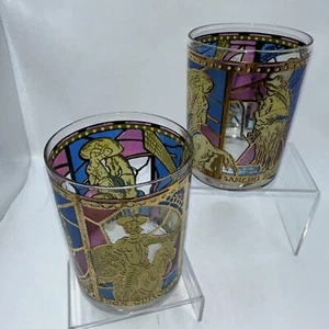 PAIR VINTAGE DON QUIXOTE STAINED GLASS AND GOLD HIGHBALL GLASSES HTF RARE! - Picture 1 of 8