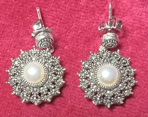 Circle Marcasite Simulated Pearl .925 Sterling Silver Earrings Post Dangle - Picture 1 of 3