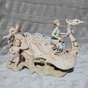 Pieza central cornucopia de porcelana en trineo cisne hecho en Japón Bisque Capodimonte - Imagen 1 de 13