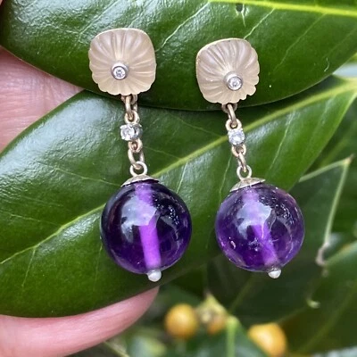 Brincos vintage de diamante ouro amarelo 14K com ametista joias finas usadas - Imagem 1 de 4