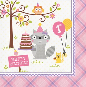 1st Birthday Napkins Woodland Pink Lunch Napkins Girls Birthday Party Supply - Picture 1 of 1