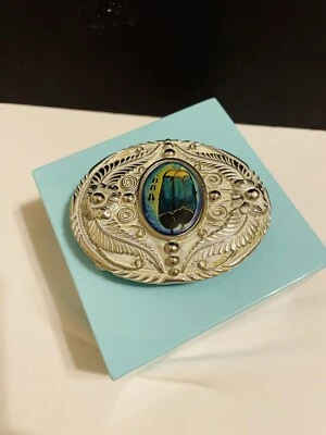 Navajo Handcrafted Silver Belt Buckle Painted Feathers In Middle Rare Silver - Image 1 of 4