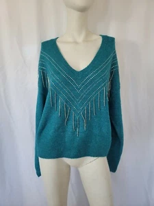 Broadway 38 womens Teal V- Neck embellished fringe Sweater size L - Picture 1 of 10