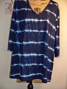 Women's Agnes Orinda Plus Size V-Neck 3/4 Sleeve Casual Tie-Dye Tee Blue 3X - Picture 1 of 3