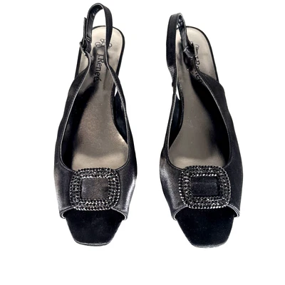 J Renee Satin Bling Buckle Peep Toe Slingback Heels Black Pumps 9M Elegan - Image 1 of 4