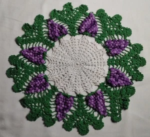 Vintage 13" Handmade Crochet Doily Purple Grape, Green Trim, White Center (#189) - Picture 1 of 4