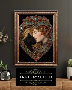 Jeweled Heart Woman Black Cat Art Print Art Nouveau Style Wall Art - Picture 1 of 5