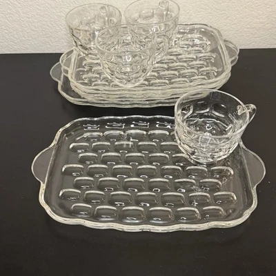 Federal Glass Yorktown Snack Set 4 Trays 4 Cups Clear Bubble Pattern 1950s - Image 1 of 4