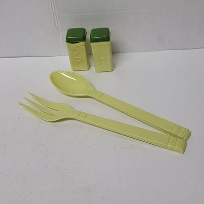 Superlon Salt Pepper Shakers and Salad Serving Fork Spoon Vintage Yellow Green - Image 1 of 4
