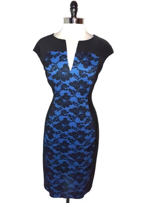 Vestido Vaina CONNECTED Talla 16 Negro Azul Floral Encaje Manga Hasta la Rodilla Foto 1 de 4
