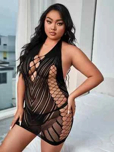 Sexy Plus Size Black Cut Out Backless Dress Bodystocking Fishnet Babydoll US - Picture 1 of 4