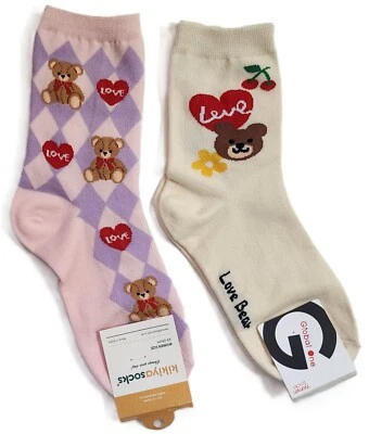 Kikiya Calcetines Oso de Peluche Mujer Novedad Lote de 2 Pares en Rosa y Marfil con Amor Foto 1 de 4