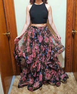 Blondie Nites two piece prom gown - crop top and tiered tulle floral skirt - Picture 1 of 9