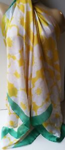 FAB  YELLOW WHITE FLORAL SARONG  PAREOS 20% SILK GREEN TRIM ONE SIZE NEW