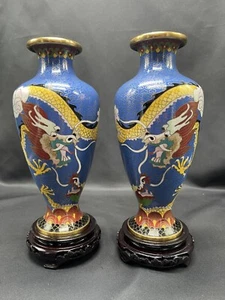 PAIR VINTAGE CHINESE CLOISONNE VASES WITH STANDS - Picture 1 of 22