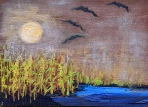 Trujillo Art -not Jose ) frame included modern misty moon night sky pond bats - Picture 1 of 2