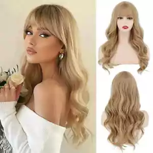 Synthetic Wig Blonde with Bangs Long Wavy Ombre Bang Wigs Heat Resistant Hair - Picture 1 of 37
