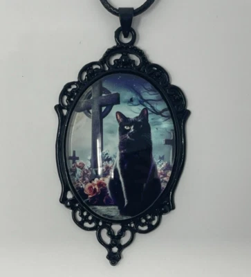 Ожерелье с черным котом готические ювелирные изделия надгробие с цветами готическая ведьма викторианский - Изображение 1 из 4