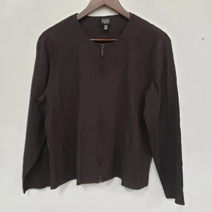 Eileen Fisher Women Textured Full Zip Jacket Size L Petite Brown Stretch Ethical - Picture 1 of 9