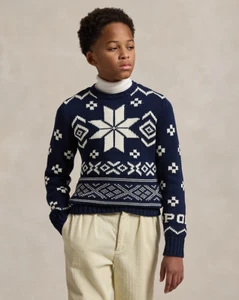 Polo Ralph Lauren Snowflake Sweater Big Boys XL 18-20 Dark Blue/White Wool Blend - Picture 1 of 17