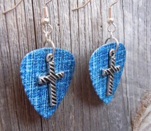 Cross with Diagonal Stripe Charm Guitar Pick Earrings - Pick Your Color - Picture 1 of 3