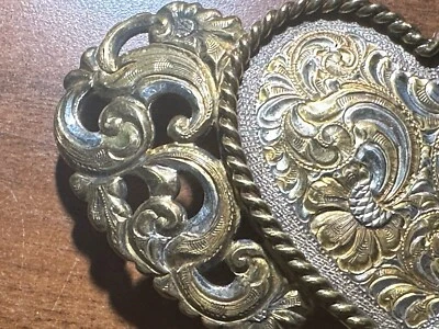 VTG Crumrine Belt Buckle 3 Heart Floral Silver Plate On Bronze Etched Reno NV 4” - Image 1 of 4