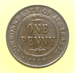 S9 - Australia 1 Penny 1920 Very Fine Copper Coin - No Dots - George V *** Key - Picture 1 of 2