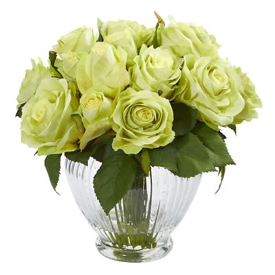 9" Rose Artificial Floral Arrangement In Elegant Glass Vase Green - Image 1 of 2