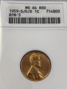 1959-D/D/D 1c ~ Centavo Lincoln ~ ANACS MS 64 rojo RPM-5 - Imagen 1 de 10