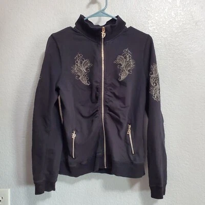 Vertigo Paris 夹克女式 M 黑色刺绣褶皱全拉链运动衫 Y2K — 第 1/4 张图片