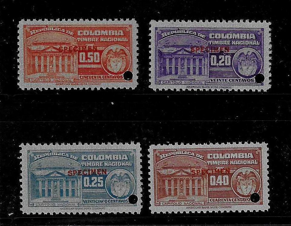 Colombia 1940's, 4 fiscals or revenues, SPECIMEN, from Am. Banknote archives NH - Image 1 of 1