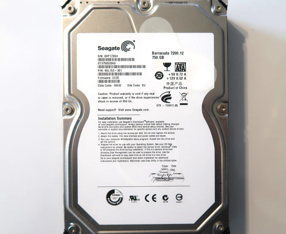 Seagate ST3750528AS 9SL153-301 FW:CC35 (6VP) SU China 750gb 3.5" Sata HDD 10032 - Image 1 of 1
