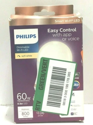 Philips 60W Bulb 555474, Soft White Light, A19 LED Smart Bulb, Dimmable - Image 1 of 4