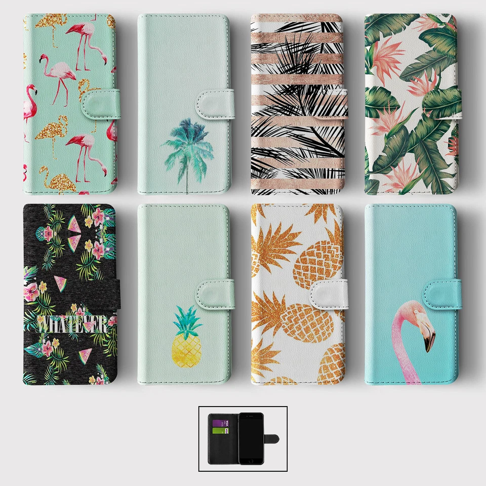 CASE FOR IPHONE 16 15 14 13 12 11 SE PRO WALLET FLIP PHONE COVER FLAMINGO PALMS - Image 1 of 1