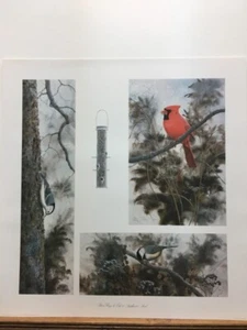 Jean Vietor 3 Ways to Eat a Sunflower Cardinal Chickadee Signed Art Print - Bild 1 von 1