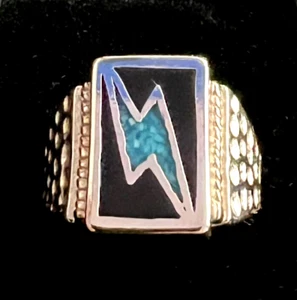 Turquoise Lightening Strike in Black Background Silvertone Ring Multiple Sizes - Picture 1 of 5
